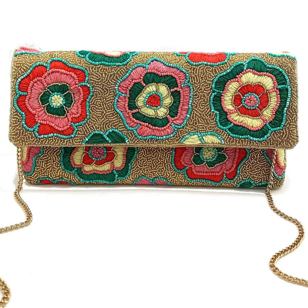 Floral Embroidery & Gold Beaded Clutch with Crossbody Chain
